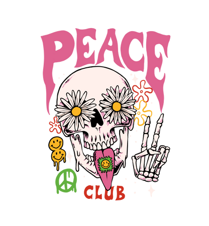 "Peace Club T-Shirt with Peace Skull Design on White Fabric"