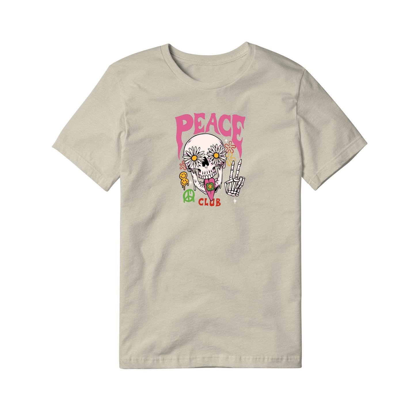 "Peace Club T-Shirt with Peace Skull Design on White Fabric"