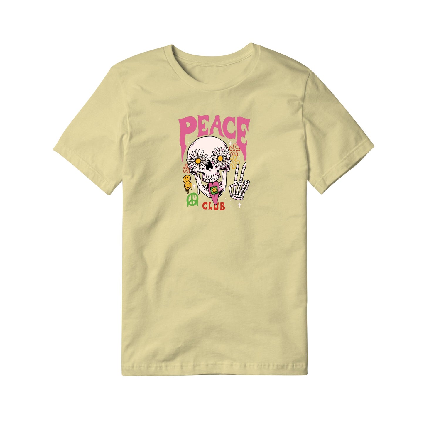 "Peace Club T-Shirt with Peace Skull Design on White Fabric"