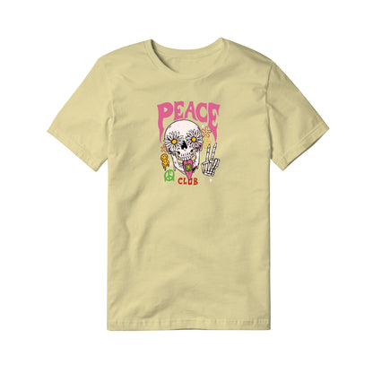 "Peace Club T-Shirt with Peace Skull Design on White Fabric"