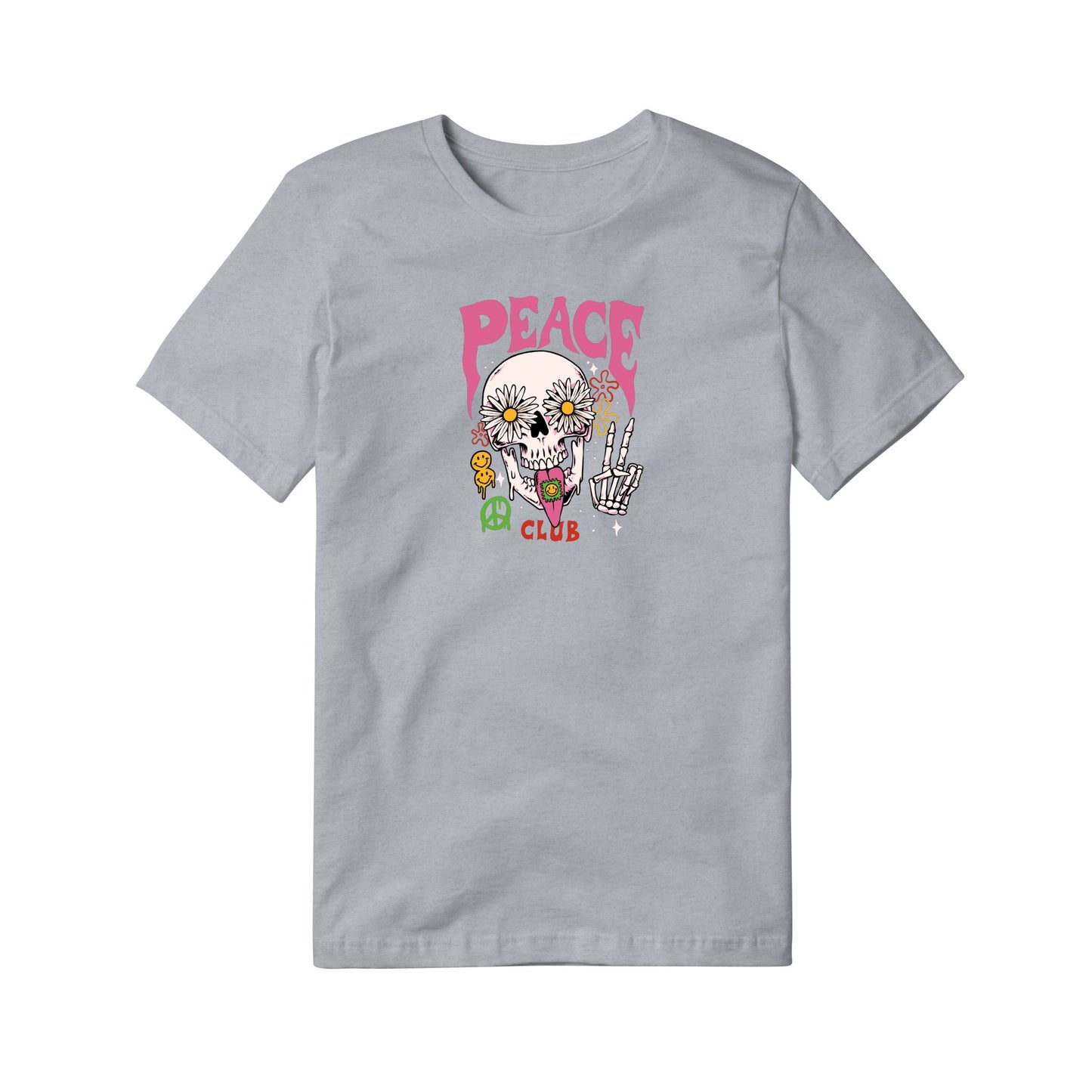 "Peace Club T-Shirt with Peace Skull Design on White Fabric"