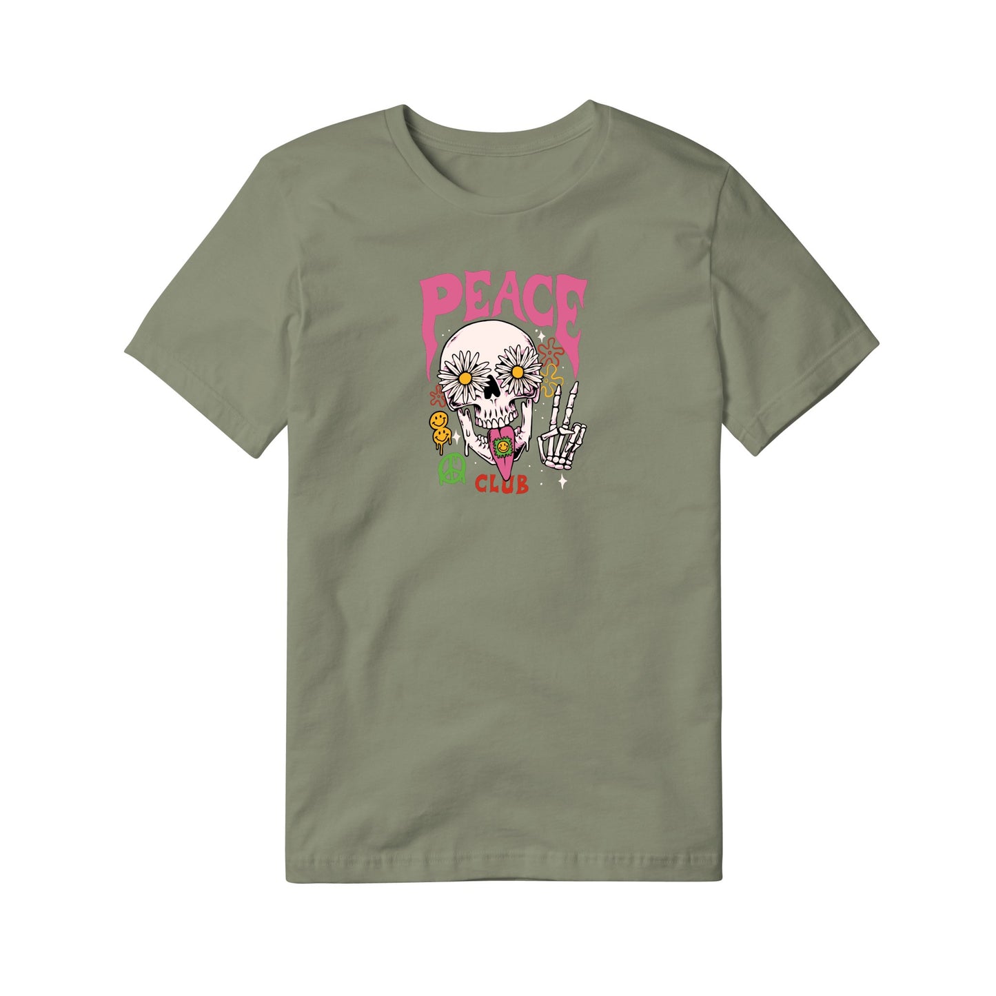 "Peace Club T-Shirt with Peace Skull Design on White Fabric"