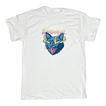 "Front view of Revenge T-Shirt featuring Evil Cat design on 100% combed ringspun cotton"