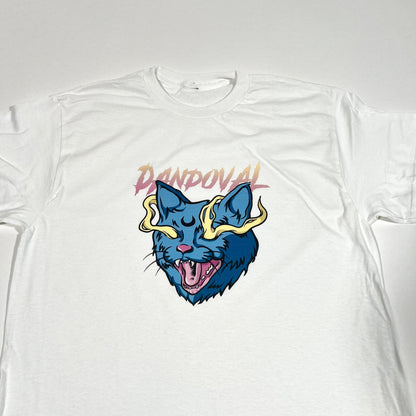 "Front view of Revenge T-Shirt featuring Evil Cat design on 100% combed ringspun cotton"